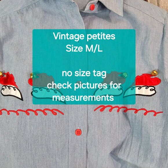 Womens Sz M/L P Blue Cotton Christmas Button Up Shirt Holidays Bells Festive - Picture 12 of 12